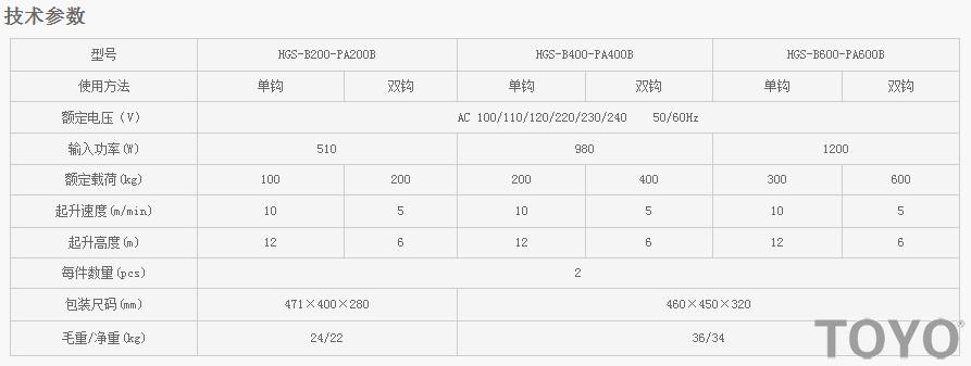 PA200B-PA600B型微型電動葫蘆技術參數